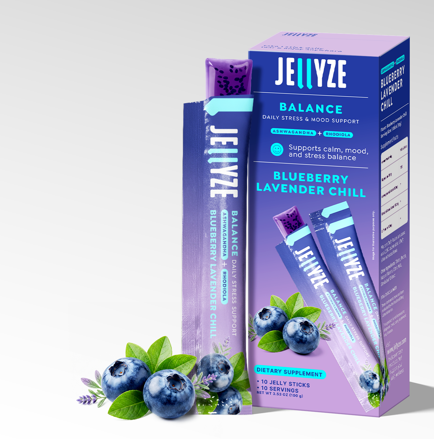 Jellyze Balance Blueberry Lavender Chili dietary supplement packaging with blueberries and green leaves on a white background.
