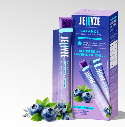 Jellyze Balance Blueberry Lavender Chili dietary supplement packaging with blueberries and green leaves on a white background.